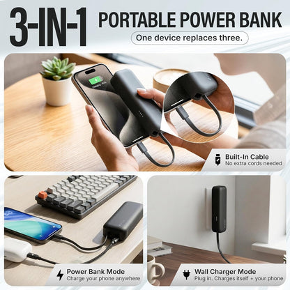 Nimble Wally Pro 20, 2-in-1 Portable Wall Charger + 5,000mAh Power Bank with Foldable Plug, Built-in USB-C Cable