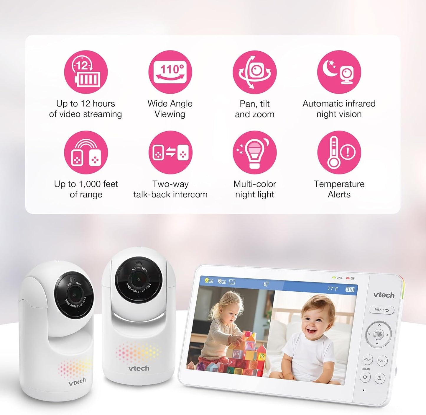 VTech Baby Monitor No Wi-Fi, 2 Cameras, 7" IPS Split Screen, 5000mAh 12Hr Battery, 360° PTZ, 4X Zoom, Night Vision
