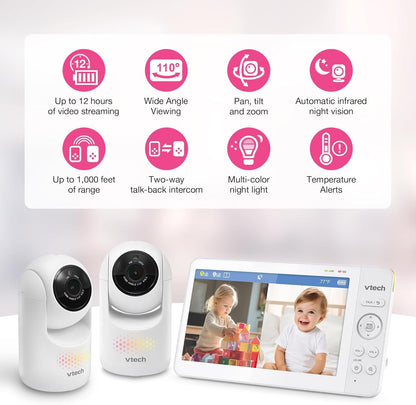 VTech Baby Monitor No Wi-Fi, 2 Cameras, 7" IPS Split Screen, 5000mAh 12Hr Battery, 360° PTZ, 4X Zoom, Night Vision
