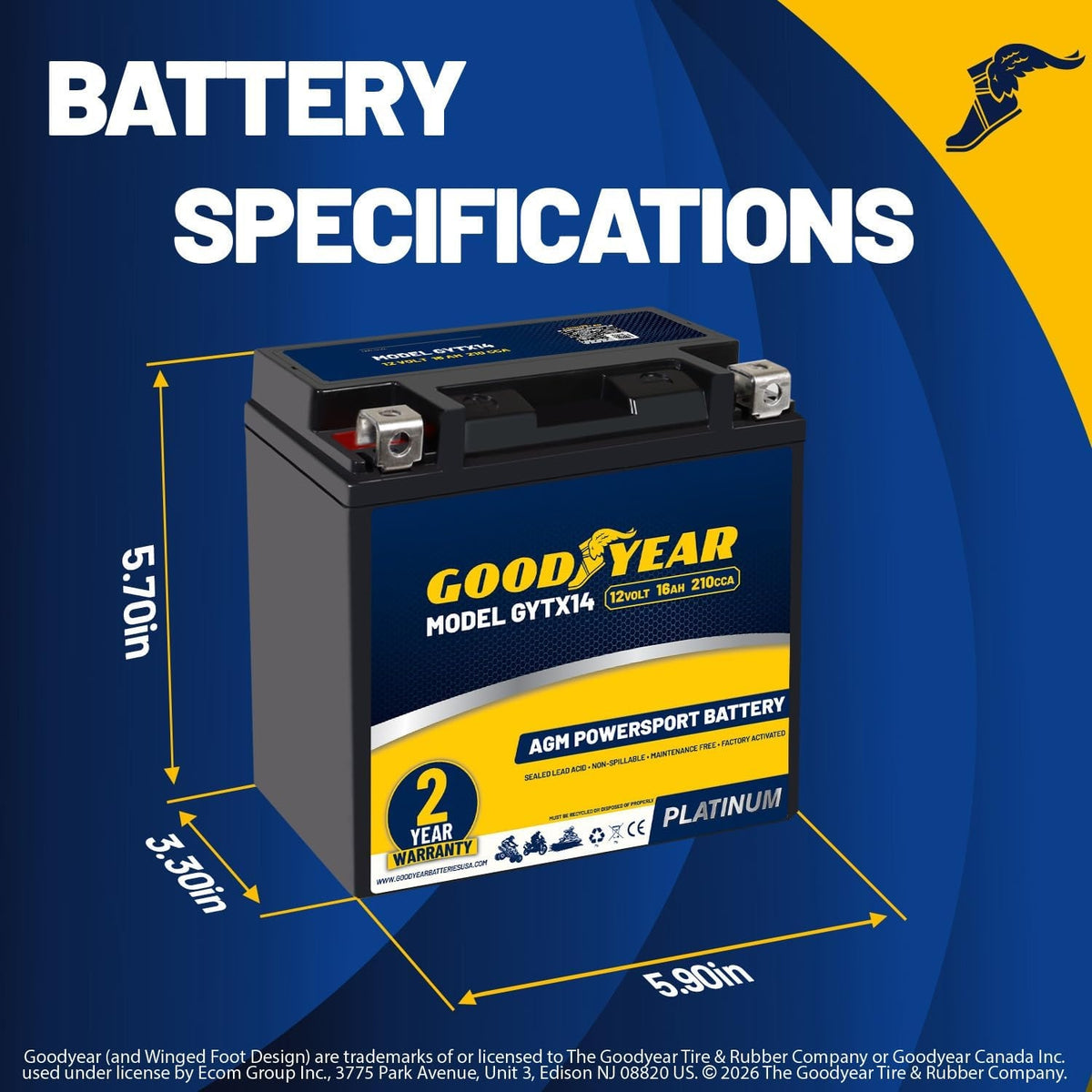 Goodyear GYTX14-12 Volt 16 AH, 210 CCA, Rechargeable High-Performance, Maintenance Free, SLA - AGM Battery for Motorcycle