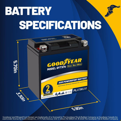 Goodyear GYTX14-12 Volt 16 AH, 210 CCA, Rechargeable High-Performance, Maintenance Free, SLA - AGM Battery for Motorcycle