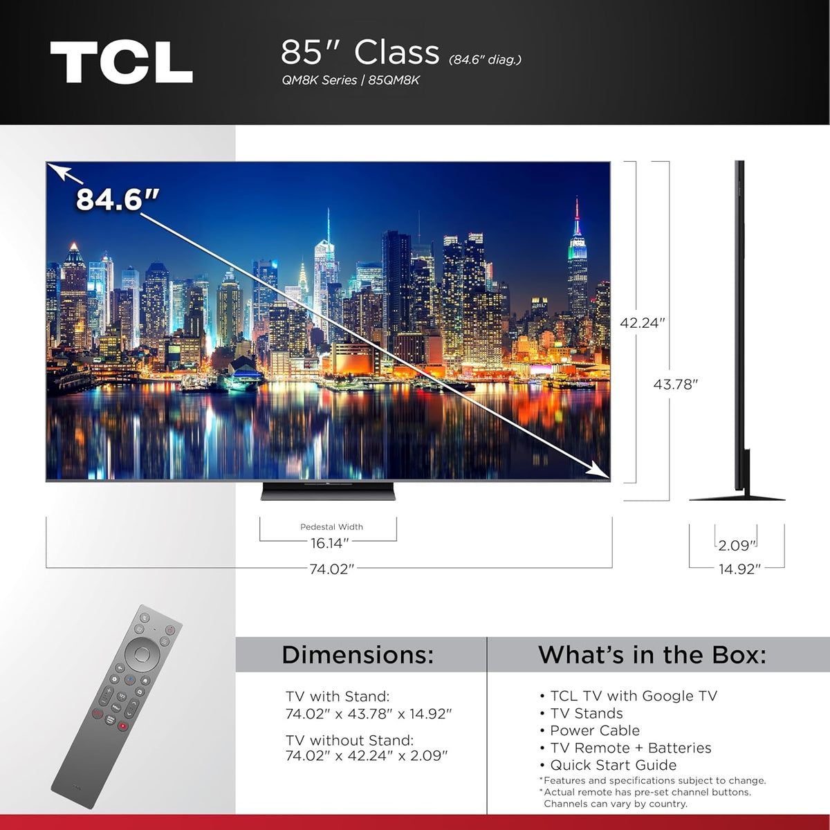 TCL - 85" Class QM8K Series 4K UHD HDR QD-Mini LED Smart TV with Google TV (2025)