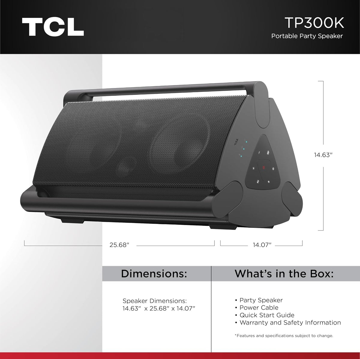 TCL TP300K Portable Bluetooth Party Speaker with 8 RGB Dynamic Light Shows, 18 Hr Battery