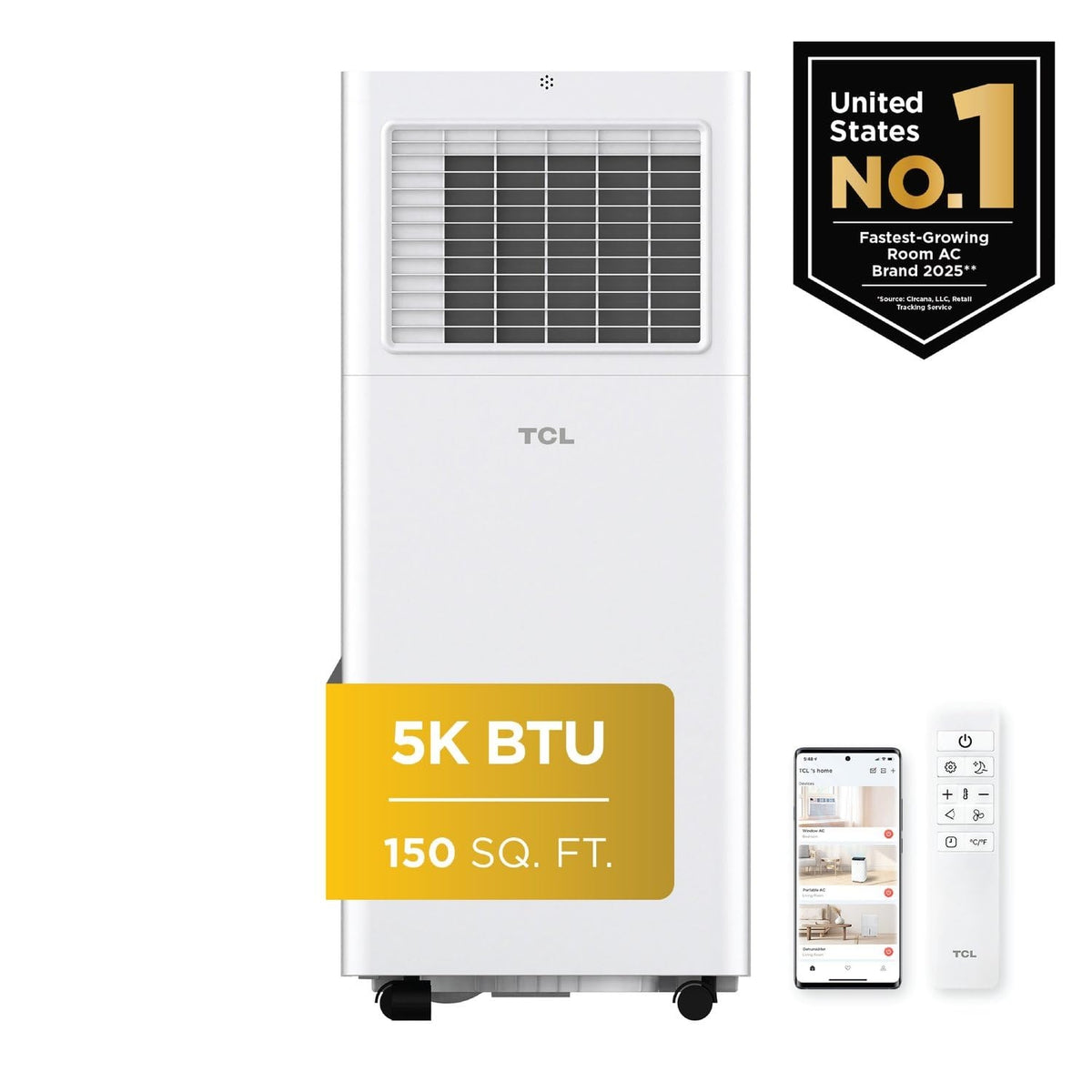 TCL H5P44W, 150 Sq. Ft, 5,000 BTU Smart Portable Air Conditioner, Fan & Dehumidifier, Ultra-Compact Design