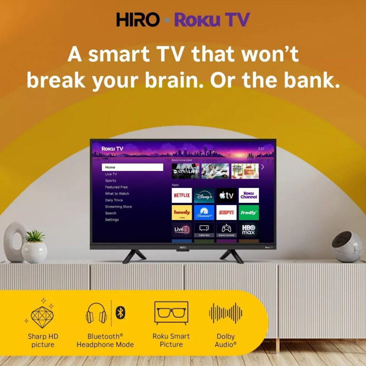 Hiro Roku TV 24" 720p HD Smart TV Flat Screen LED Television with Roku TV and Dolby Audio for Streaming H24C2D4