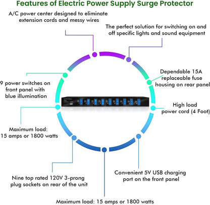 Technical Pro Power Supply Strip, 9 Power Outlet with Switches | 5V USB Charging Port, 1800 Watts, 4 Ft TPS9TU