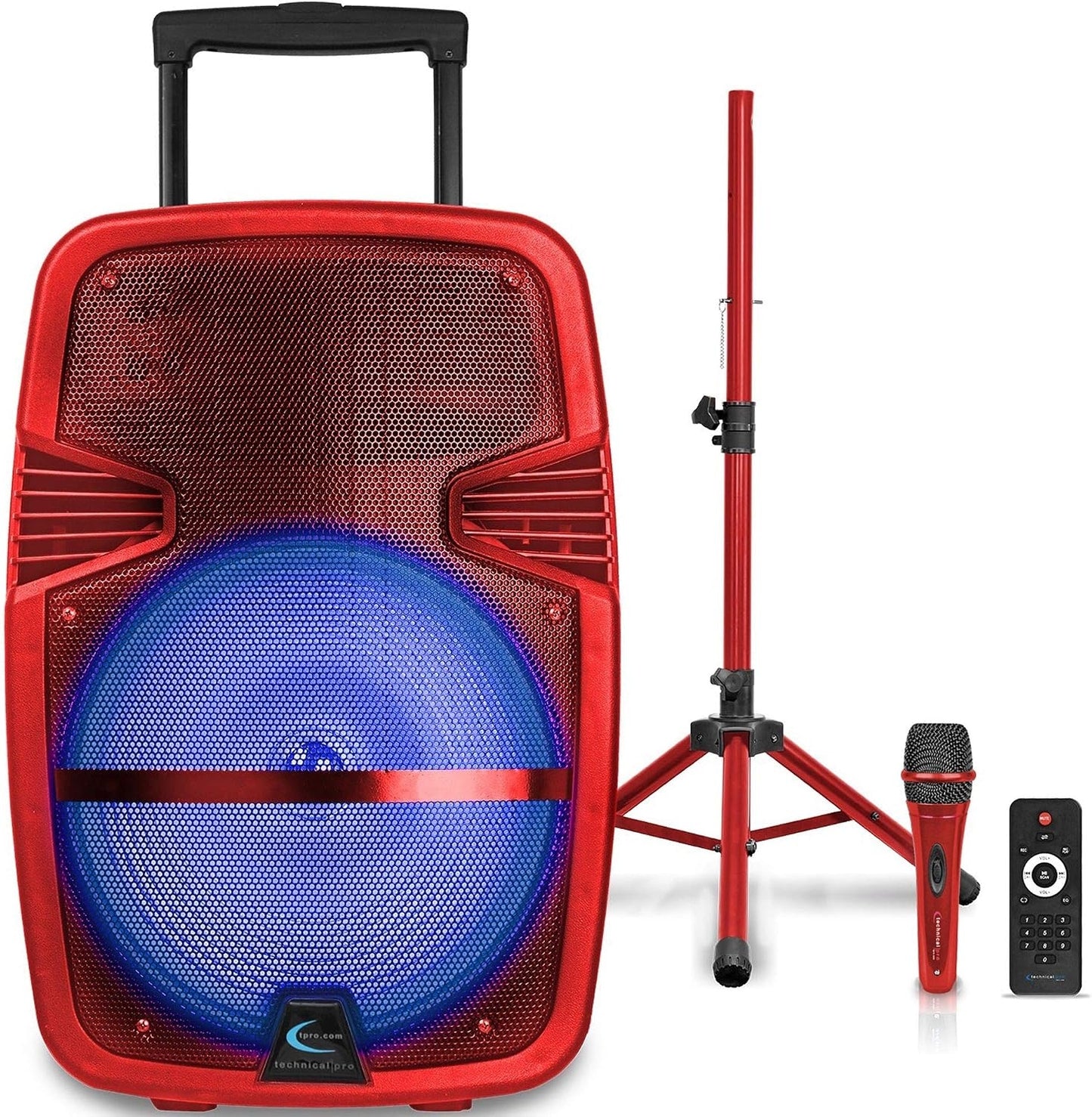 Technical Pro Red 15" Rechargeable Bluetooth LED Loudspeaker Package with Tripod & Microphone PARTY15RPKG2