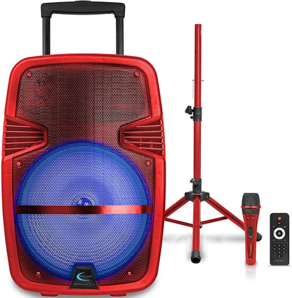 Technical Pro Red 15" Rechargeable Bluetooth LED Loudspeaker Package with Tripod & Microphone PARTY15RPKG2