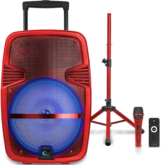 Technical Pro Red 15" Rechargeable Bluetooth LED Loudspeaker Package with Tripod & Microphone PARTY15RPKG2