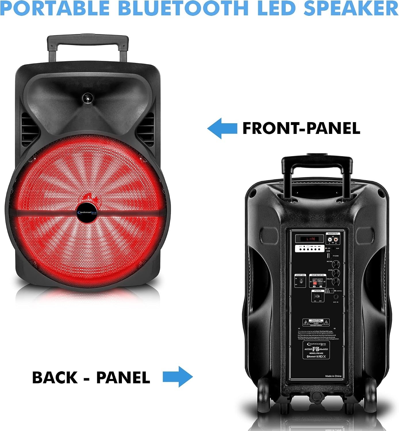 Technical Pro PB1402 12" Rechargeable Bluetooth LED Party Speaker, 2000W with USB, TF Card & Microphone Input