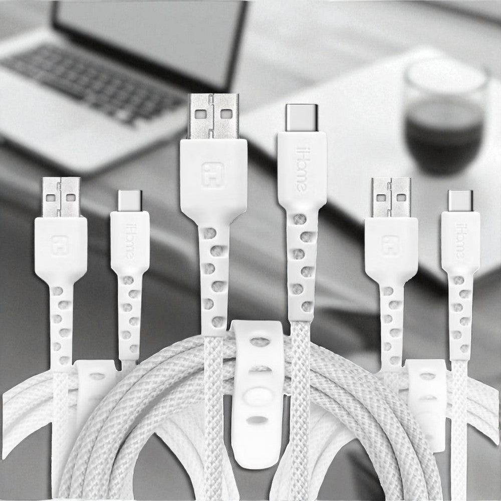 iHome TPE Durastrain USB-C to USB-A Nylon Braided Charging Cable with Silicone Wrap, 3 pk. 2IHCC2291W0L2