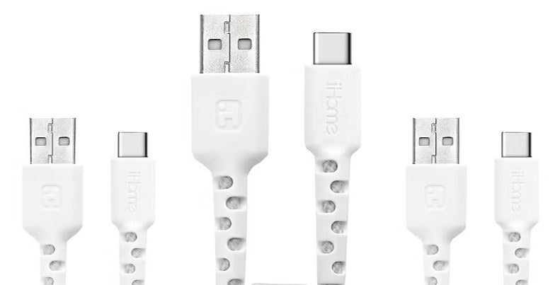 iHome TPE Durastrain USB-C to USB-A Nylon Braided Charging Cable with Silicone Wrap, 3 pk. 2IHCC2291W0L2