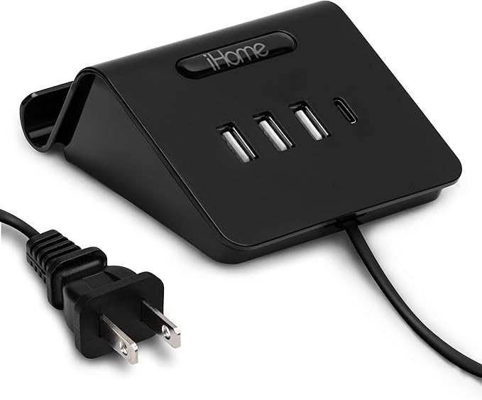 iHome 4 Port USB Charging Hub, 3 USB-A, 1 USB-C, Smartphone Dock, 6ft Power Cord, Lightweight & Portable 2IHCH2267B4L2