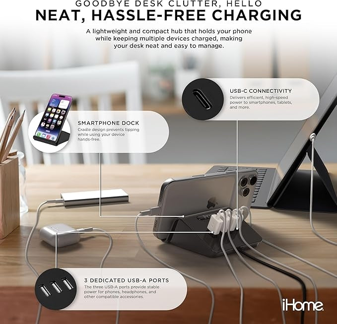 iHome 4 Port USB Charging Hub, 3 USB-A, 1 USB-C, Smartphone Dock, 6ft Power Cord, Lightweight & Portable 2IHCH2267B4L2