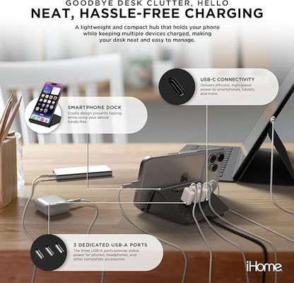 iHome 4 Port USB Charging Hub, 3 USB-A, 1 USB-C, Smartphone Dock, 6ft Power Cord, Lightweight & Portable 2IHCH2267B4L2