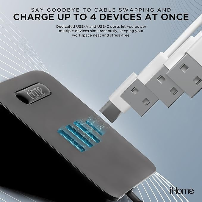 iHome 4 Port USB Charging Hub, 3 USB-A, 1 USB-C, Smartphone Dock, 6ft Power Cord, Lightweight & Portable 2IHCH2267B4L2