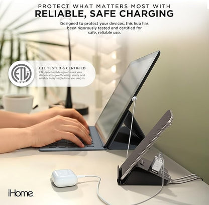 iHome 4 Port USB Charging Hub, 3 USB-A, 1 USB-C, Smartphone Dock, 6ft Power Cord, Lightweight & Portable 2IHCH2267B4L2
