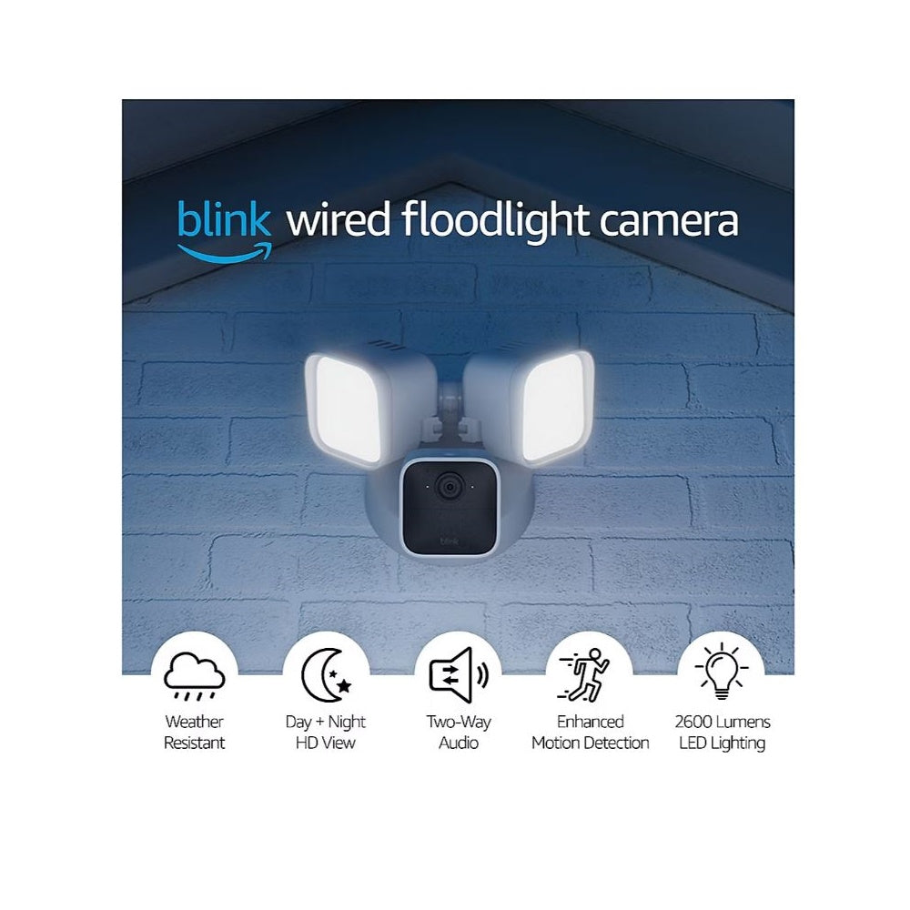 Blink Wired Floodlight Camera Smart security camera, 2600 lumens, HD live view, enhanced motion detection, built-in siren, Works with Alexa, 1 camera (White)
