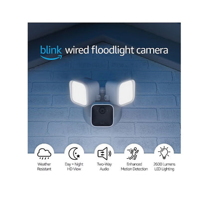 Blink Wired Floodlight Camera Smart security camera, 2600 lumens, HD live view, enhanced motion detection, built-in siren, Works with Alexa, 1 camera (White)