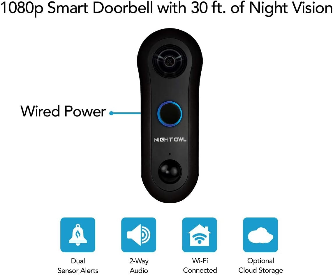 Night Owl Full 1080p HD Smart Video Doorbell with Night Vision, 2-Way Audio, Remote Viewing Mobile App, Real-Time Alerts CL-2WDMC