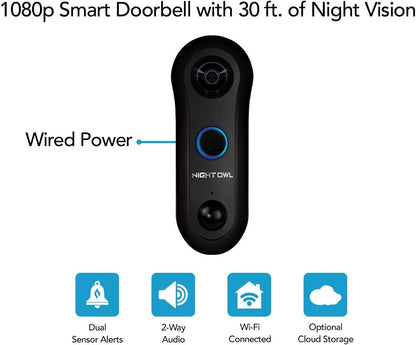 Night Owl Full 1080p HD Smart Video Doorbell with Night Vision, 2-Way Audio, Remote Viewing Mobile App, Real-Time Alerts CL-2WDMC