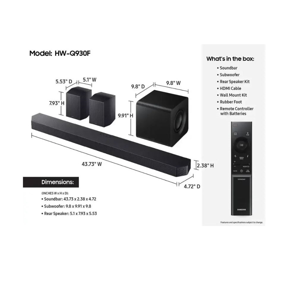 Samsung Q-Series Soundbar 9.1.4 ch w/ Subwoofer + Rear Speaker Black HW-Q930F/ZA