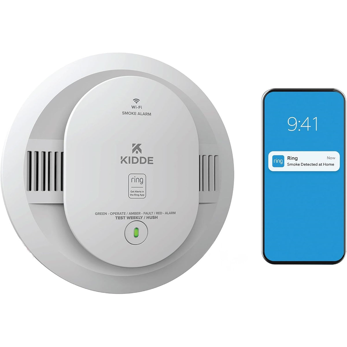 Kidde - Battery Powered Ring App Enabled Smart Smoke Detector, Voice Alerts, Wire-Free Interconnect Alarm RGSDR-RW