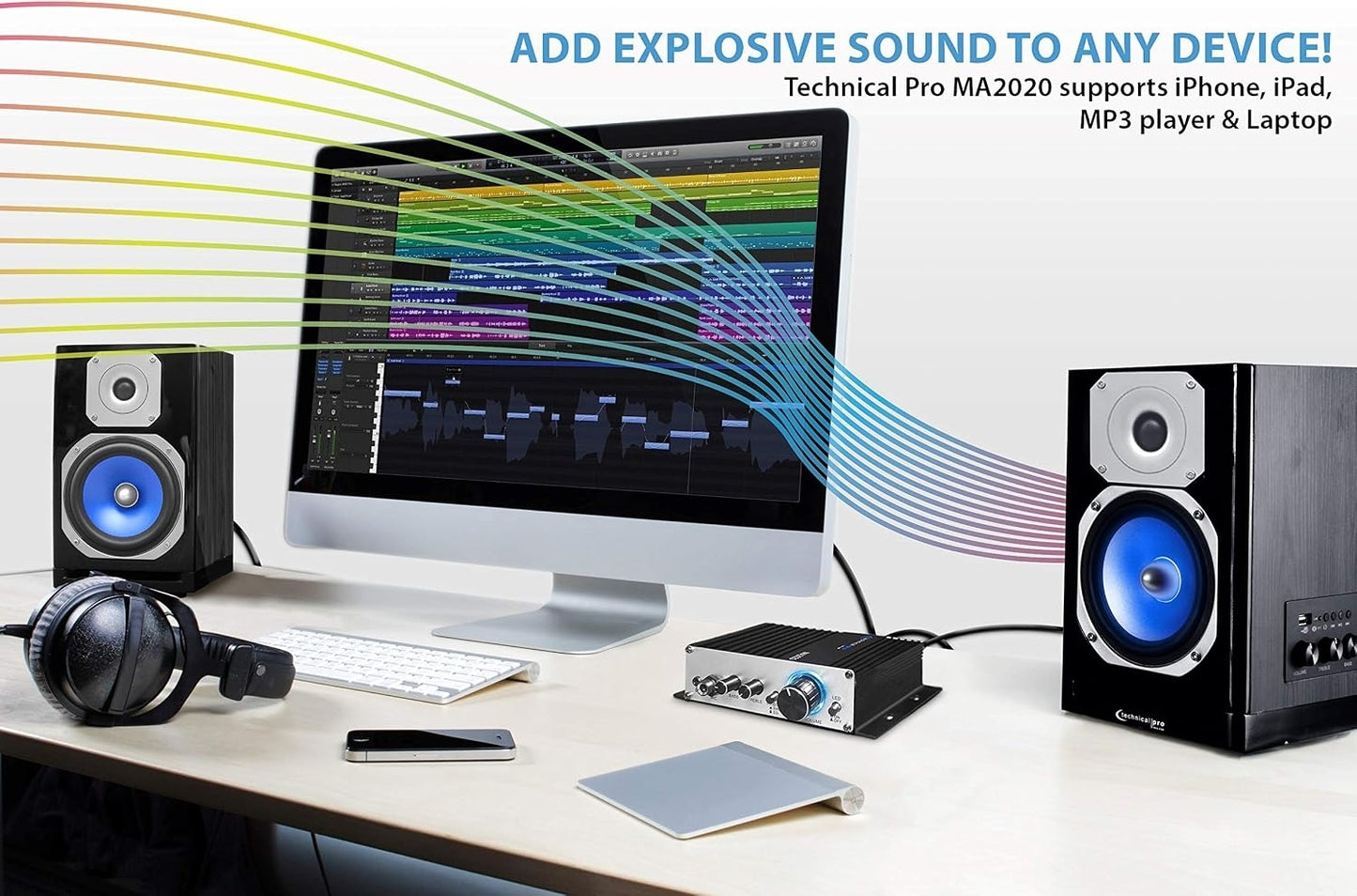 Technical Pro MA2020 Class-T Stereo Mini Amplifier with Power Supply, Headphone Output & Microphone, Silver