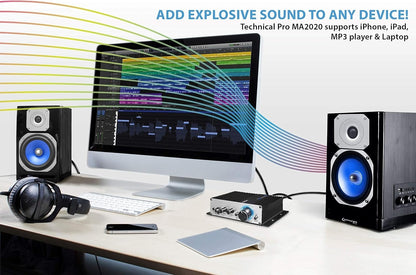 Technical Pro MA2020 Class-T Stereo Mini Amplifier with Power Supply, Headphone Output & Microphone, Silver
