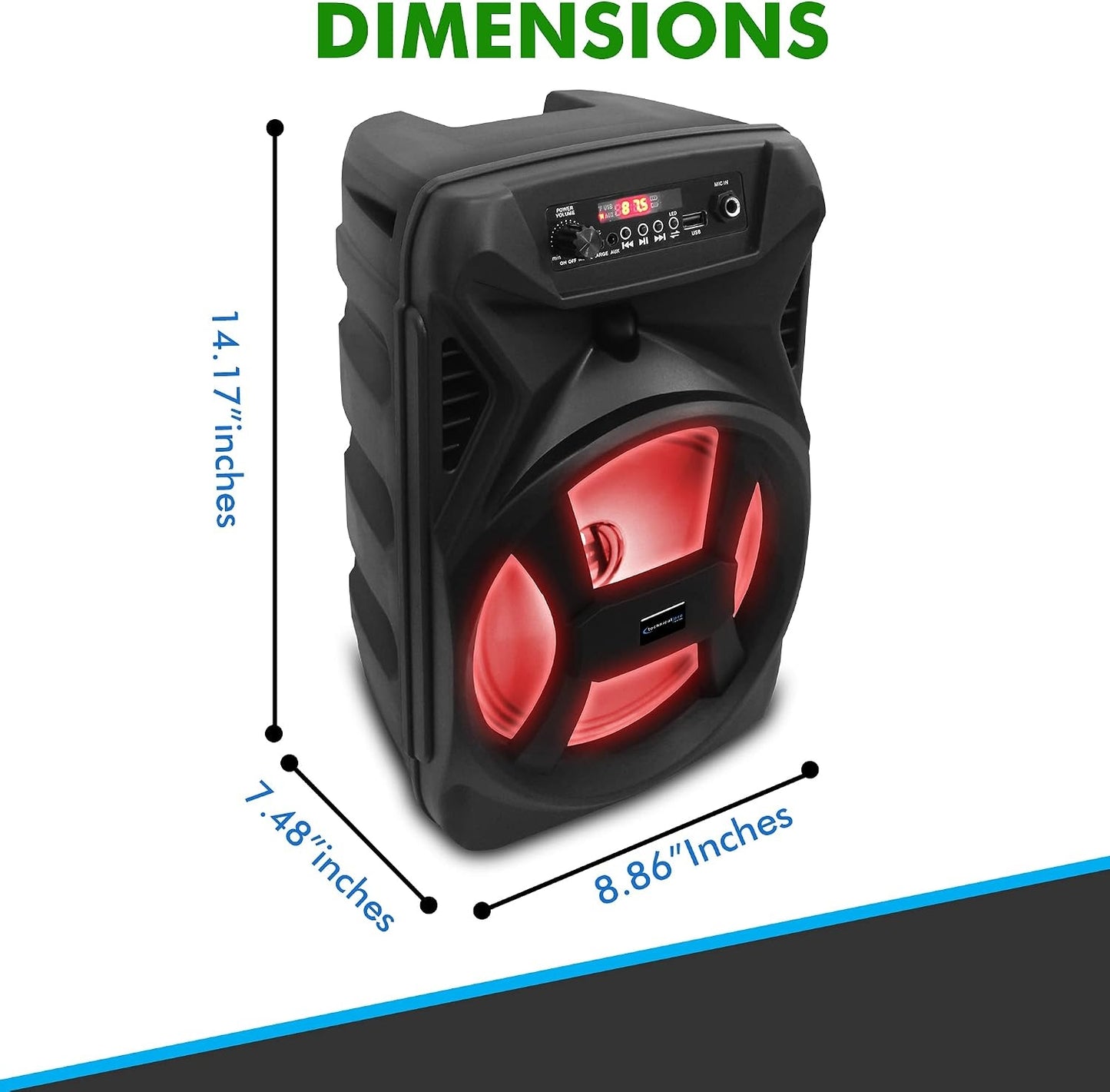 Technical Pro Rechargeable 8" Bluetooth LED Speaker with USB Card Inputs SPARK8