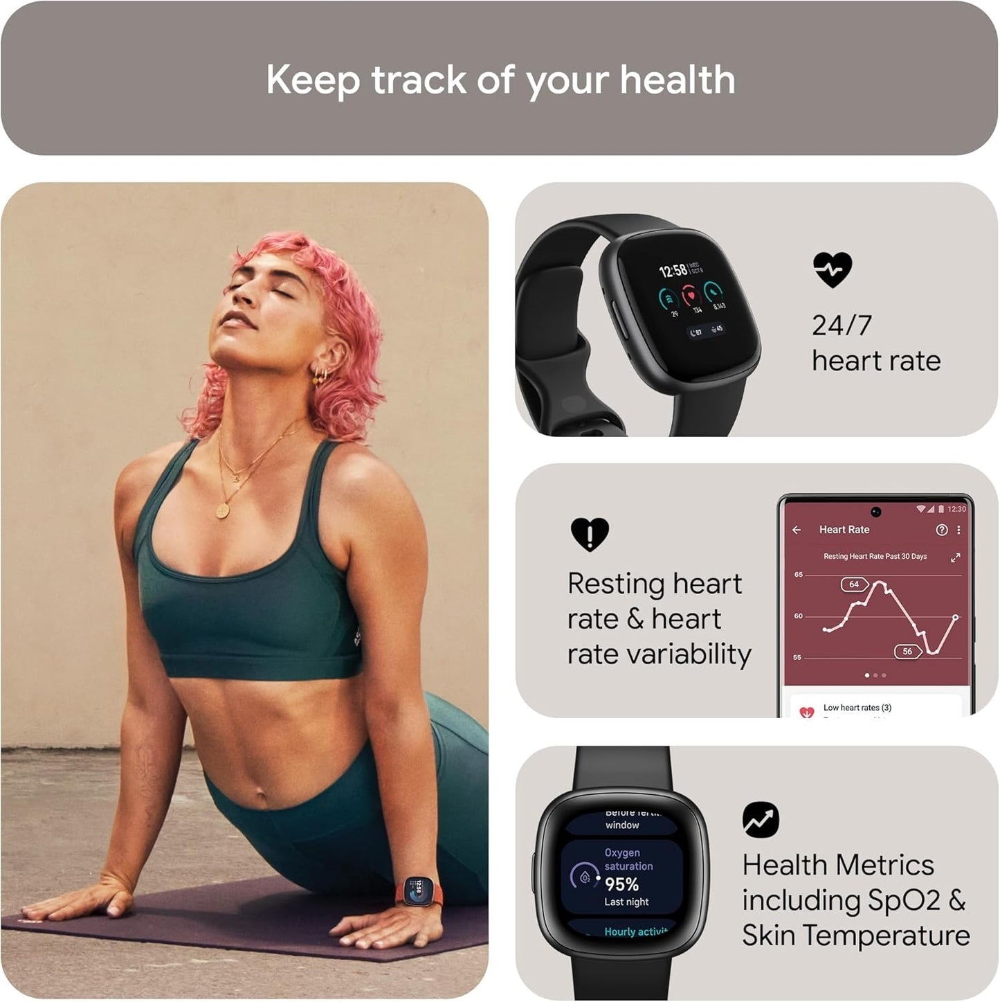 Fitbit Versa 4 Fitness Smartwatch Bundle Black/Graphite FB523BKBKL