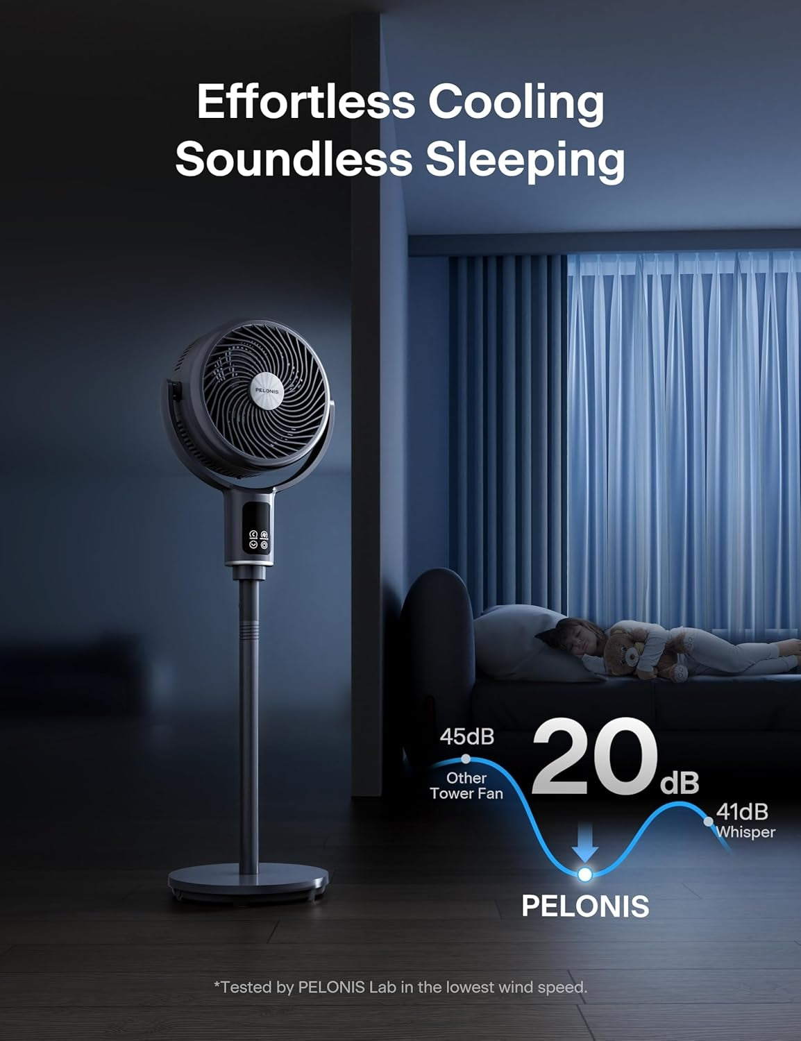 PELONIS AeroFan Pedestal Air Circulator for Bedroom - Oscillating Standing Fan with Remote Control, LED Display, 9 Speeds, 20dB PSFAS07D5ALG