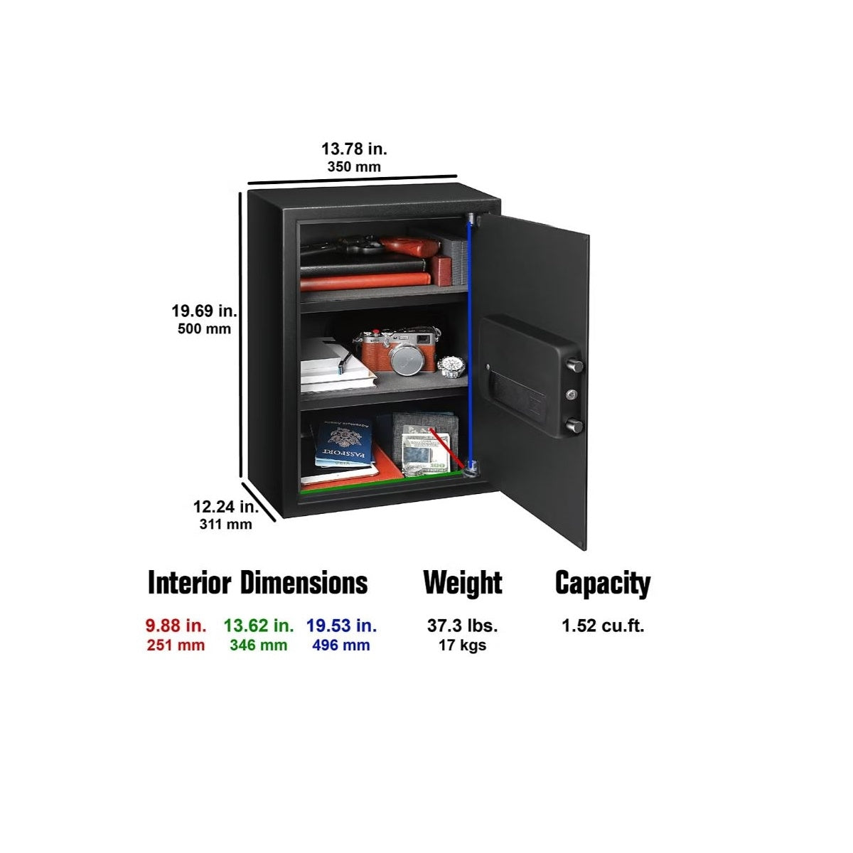 Fortress Extra Large Personal Safe with Electronic Lock Black, Pry resistant with concealed hinges, Solid steel construction, Foam padded interior - 44E40
