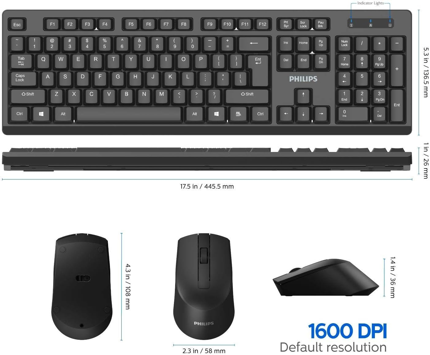 PHILIPS Wireless Keyboard and Mouse Combo | Optimized 2.4GHz Drop-Free Connection | Silent Keyboard & Ambidextrous Mouse SPT6354