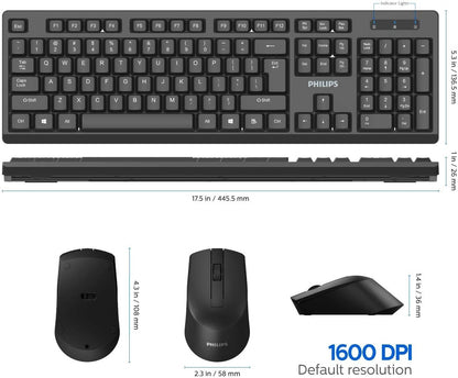 PHILIPS Wireless Keyboard and Mouse Combo | Optimized 2.4GHz Drop-Free Connection | Silent Keyboard & Ambidextrous Mouse SPT6354