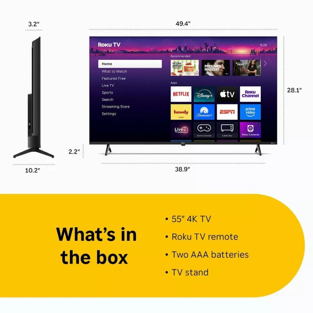 Hiro 55" 4K HDR Smart TV Flat Screen LED Television with Roku TV and Dolby Audio Streaming H55C4C4