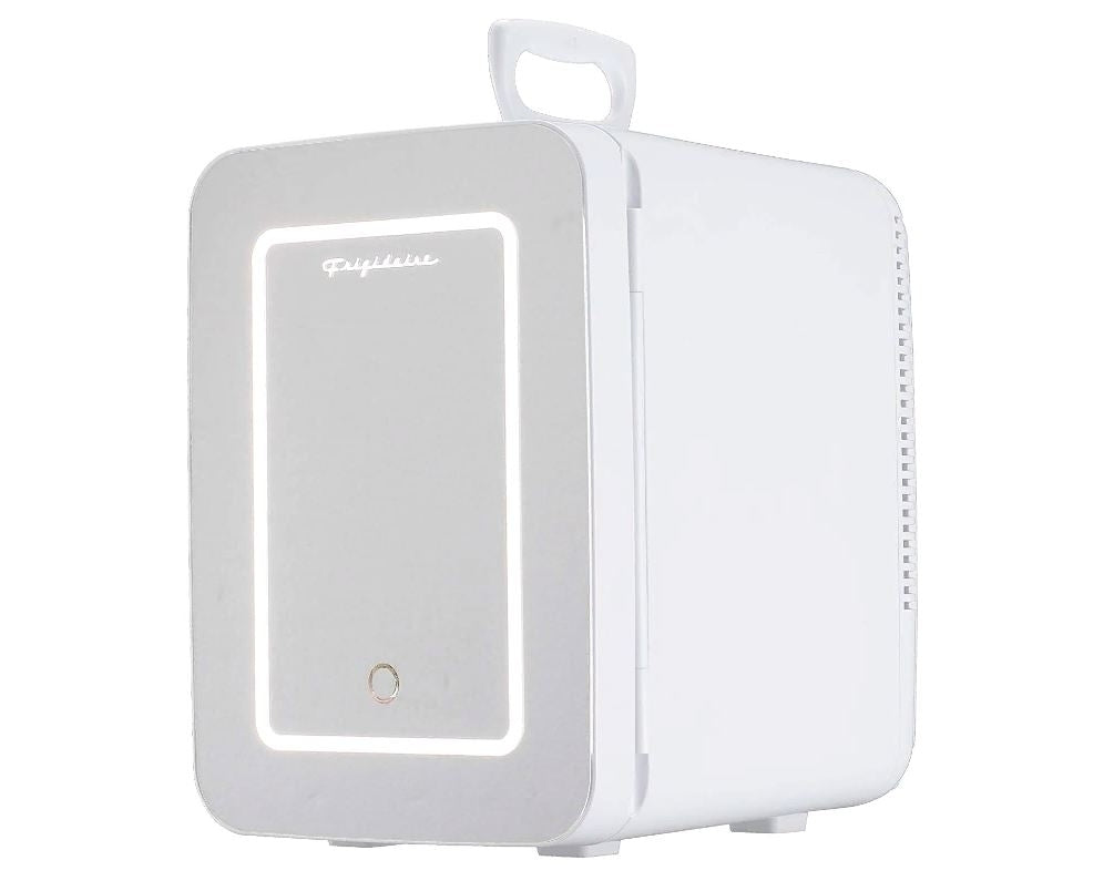 Frigidaire 9-Can/6.5L Mini Portable Fridge Lighted Mirror Door EFMIS170-WHITE, Includes 110V home power cord & 12V DC car adapter