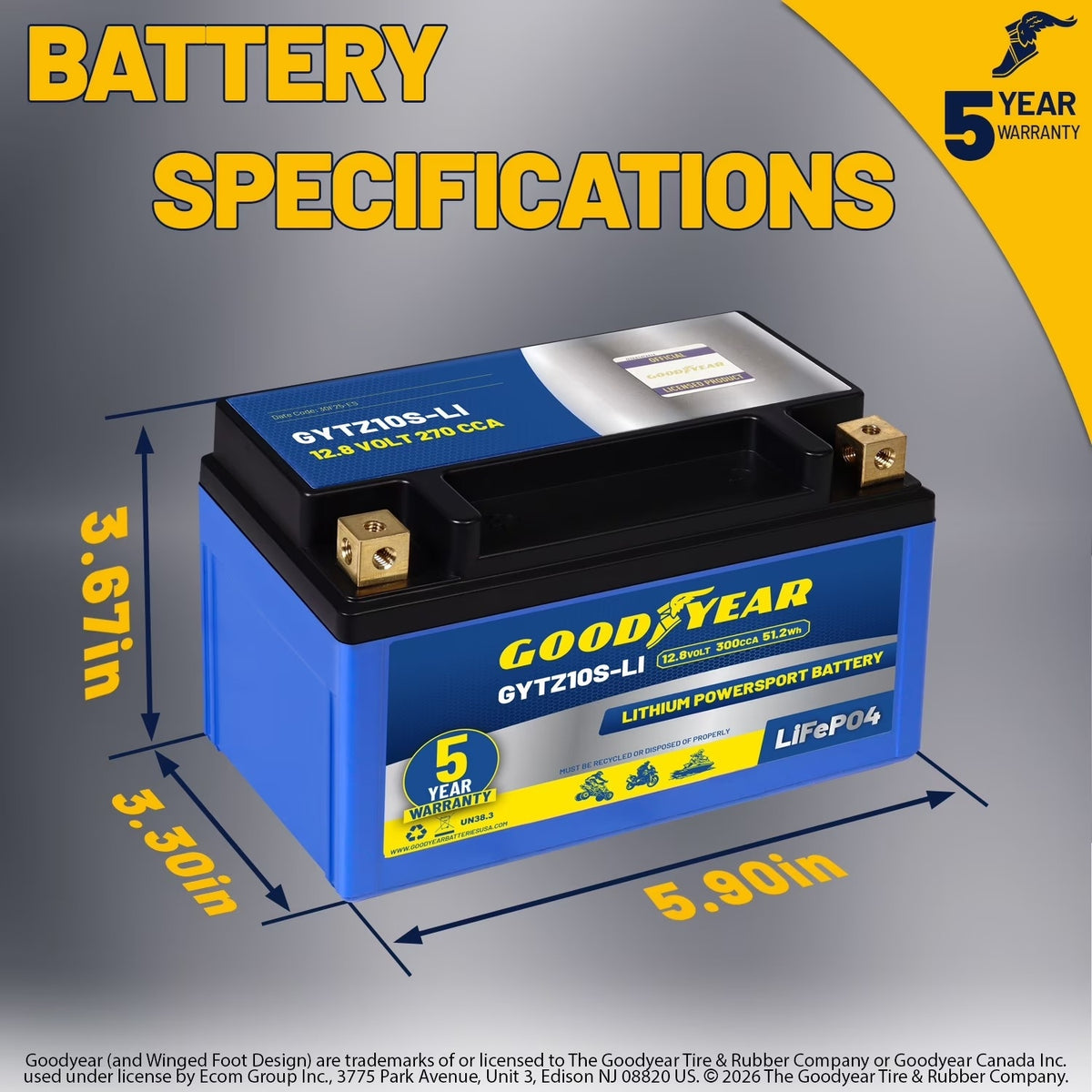 Goodyear GYTX5L-LI 12.8V 150CCA Lithium High Output Smart BMS Powersport Battery