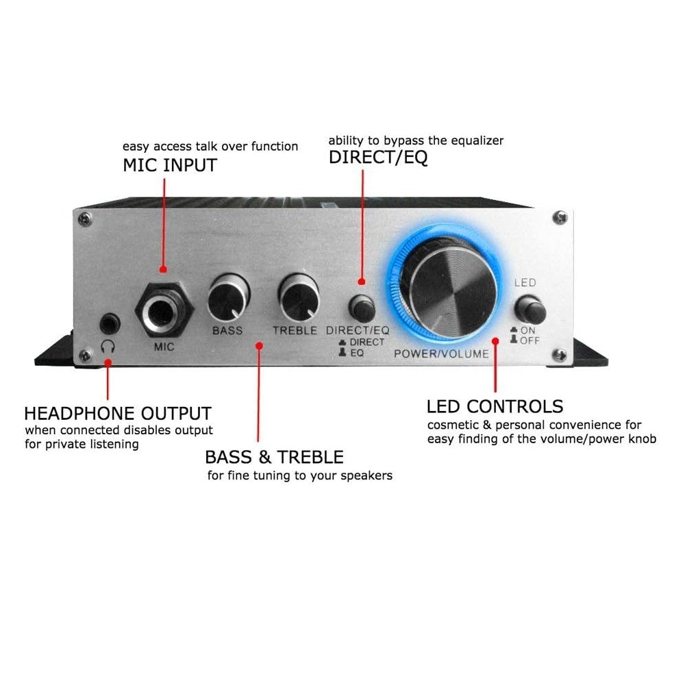 Technical Pro MA2020 Class-T Stereo Mini Amplifier with Power Supply, Headphone Output & Microphone, Silver