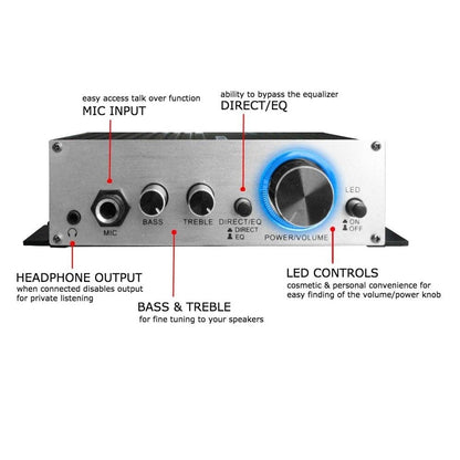 Technical Pro MA2020 Class-T Stereo Mini Amplifier with Power Supply, Headphone Output & Microphone, Silver