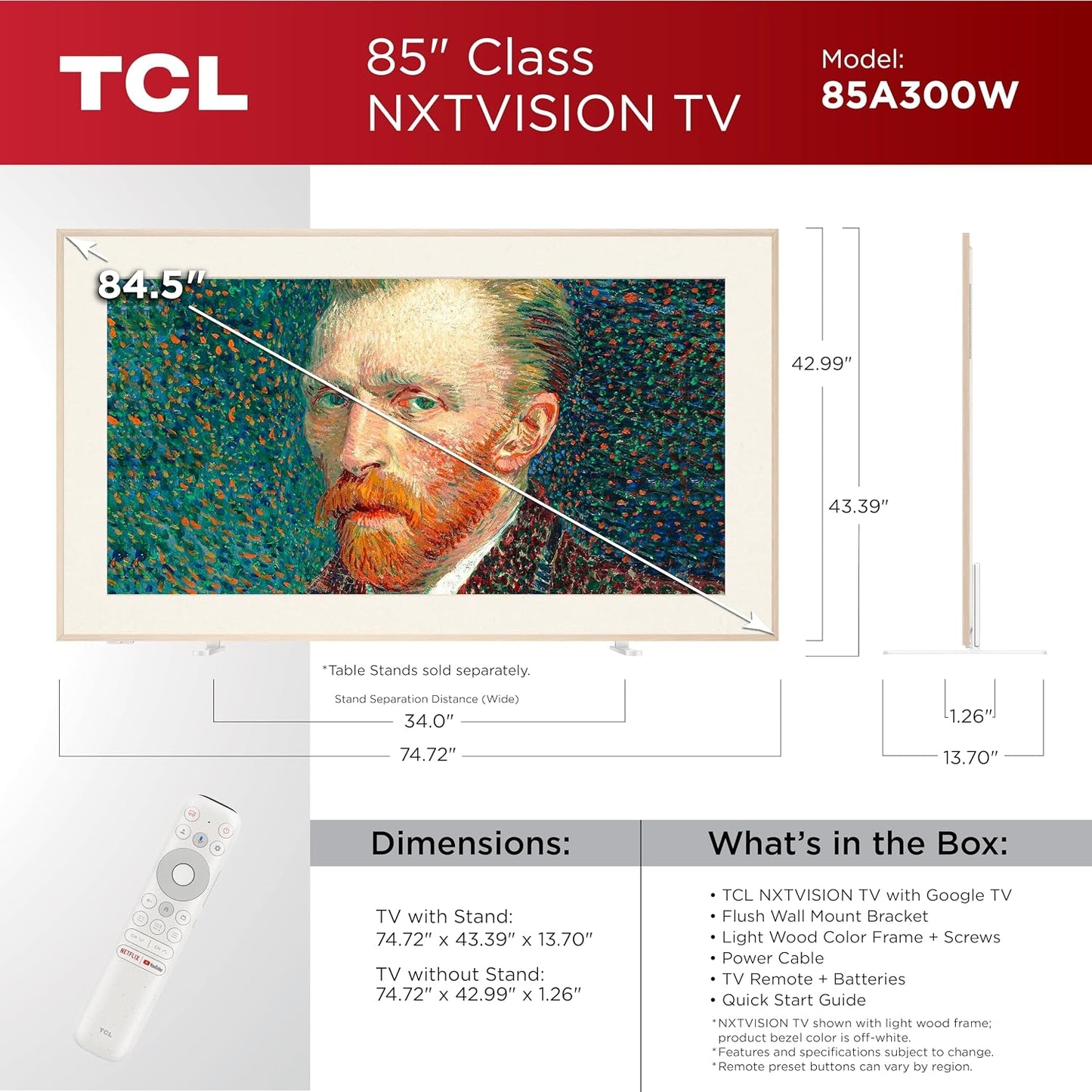 TCL - 85" Class 85A300W NXTVISION Series 4K QLED Art TV with Magnetic Frame, Ultra Matte Screen and Flush Wall Mount