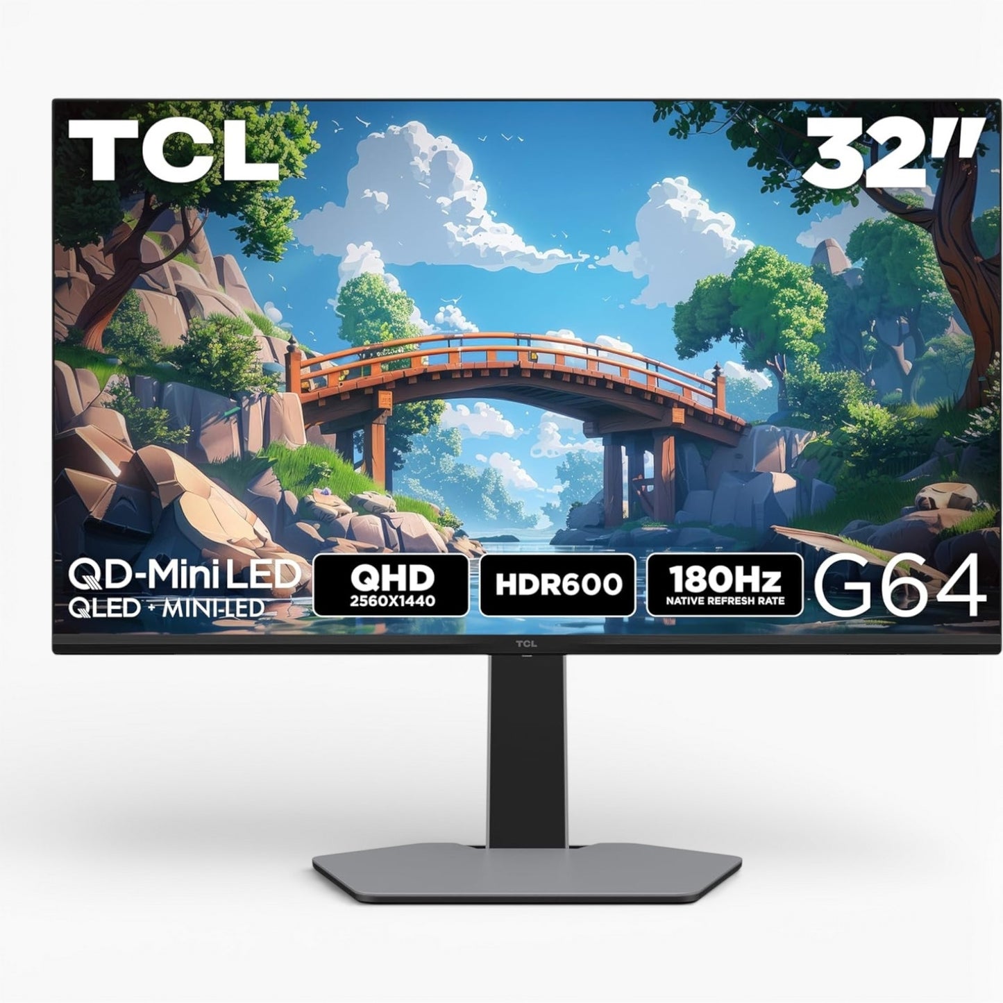 TCL 32" G64 Series QHD HDR QD-Mini LED, 2560x1440, 180Hz, 1ms GTG, AMD FreeSync, Built-In Stereo Speakers, Adjustable Stand, Gaming Monitor Black and Gray 32G64