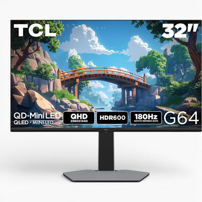 TCL 32" G64 Series QHD HDR QD-Mini LED, 2560x1440, 180Hz, 1ms GTG, AMD FreeSync, Built-In Stereo Speakers, Adjustable Stand, Gaming Monitor Black and Gray 32G64