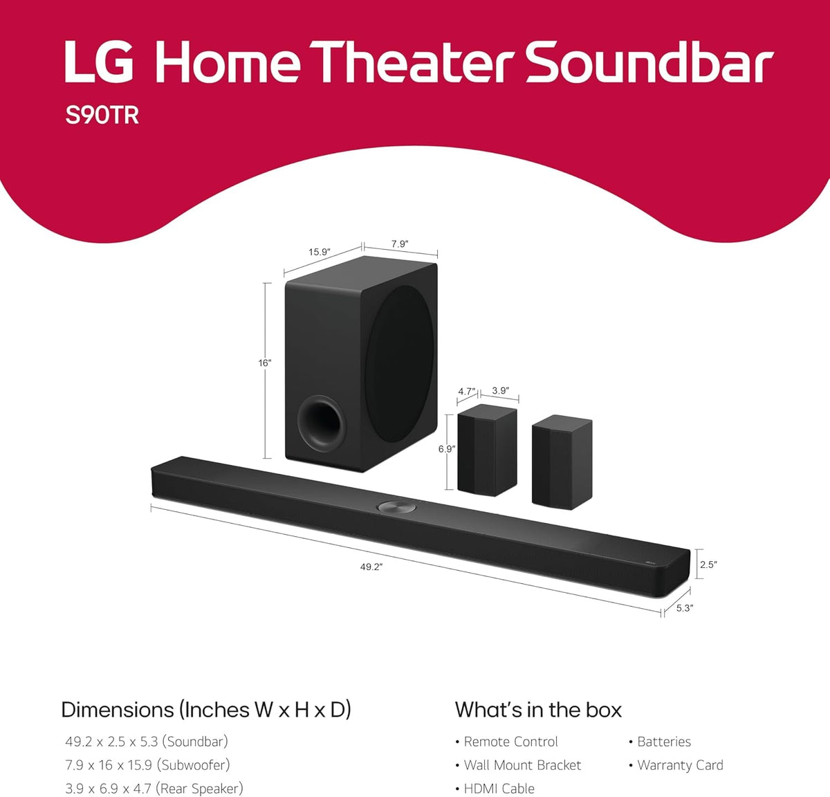 LG - 7.1.3-Channel S90TR Home Theater Soundbar with Wireless Subwoofer and Rear Speakers, Black