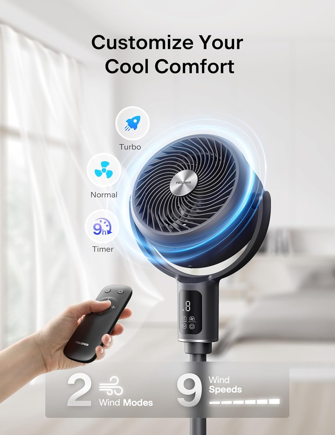 PELONIS AeroFan Pedestal Air Circulator for Bedroom - Oscillating Standing Fan with Remote Control, LED Display, 9 Speeds, 20dB PSFAS07D5ALG