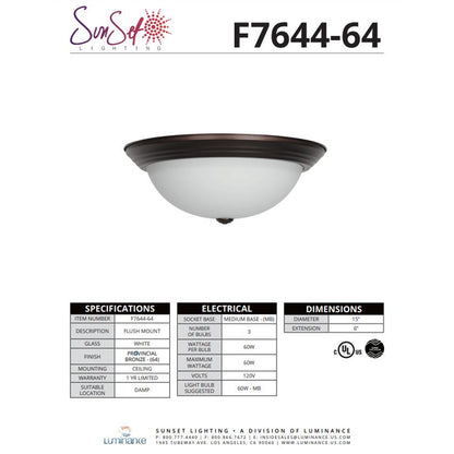 Sunset Lighting 3-Light 15" Flush Mount Light Provincial Bronze F7644-64