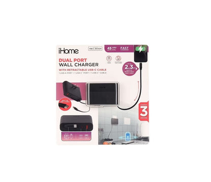 IHOME 45W AC Pro w/ Retractable USB-C Cable, 1 USB-A, 1 USB-C Wall Charger 2IHCH1042BLKCB