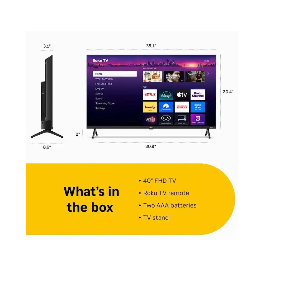 Hiro TV 40" 1080p Full HD Smart Roku TV with Dolby Audio for Streaming H40C3D4