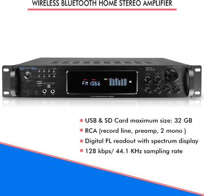 Technical Pro 1500 Watt Bluetooth Home Stereo Amplifier, Digital Hybrid Multi Channel | Preamp, Tuner with USB and SD Inputs H1502URBT