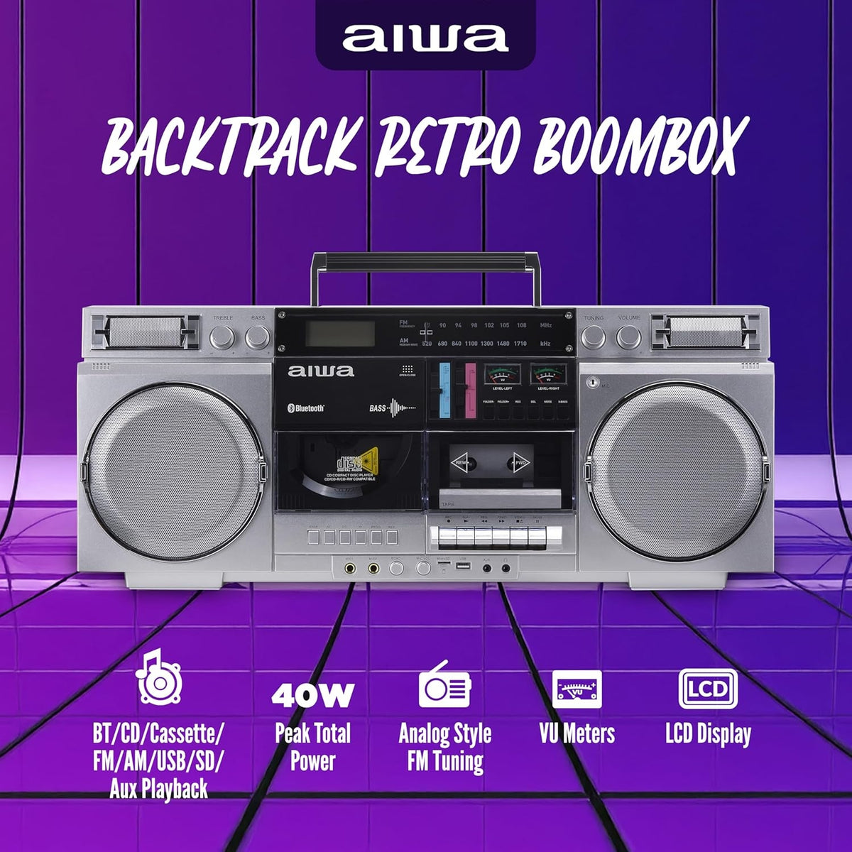 aiwa Retro Boombox CD Player with Cassette Recording, Bluetooth 5.0, FM/AM Radio, USB/SD/AUX Inputs AI7012